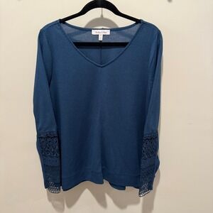 Harlow & Rose Womens‎ Top Medium Blue Waffle Knit V Neck Long Sleeve Lace Cuff